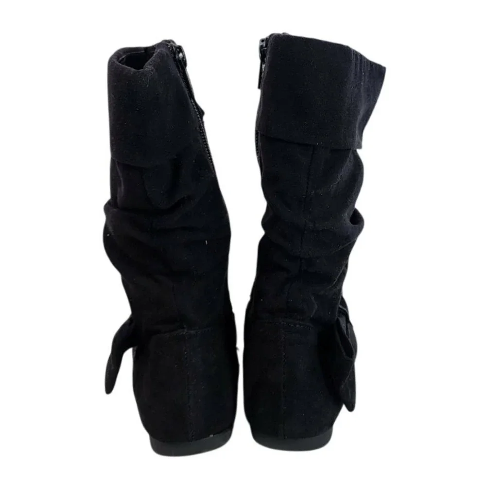 Kids Black Slouch Boots Bow Side Zipper Ankle Flat Heel Size‎ 7M